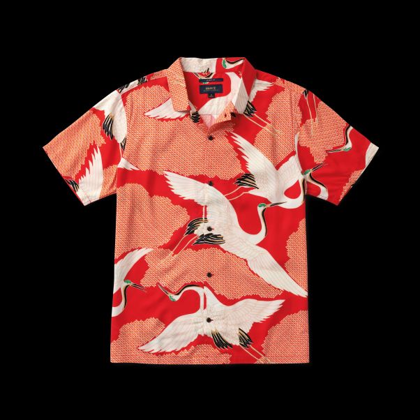 Premium Men Hoffman Bright Red Vintage Crane Gonzo Camp Collar Shirt Shirts