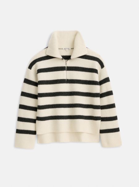 Women Ivory/Charcoal Felix Zip Merino In Stripe Alex Mill Exceptional Sweaters