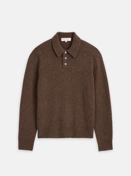 Rare Heather Chocolate Polo Sweater In Washed Cashmere Alex Mill Sweaters & Sweatshirts Men