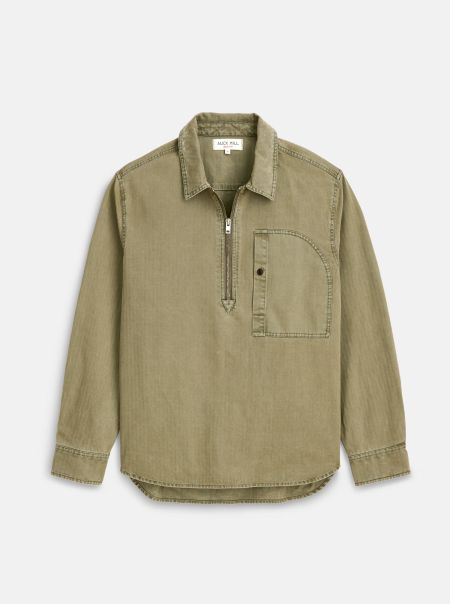Aesthetic Men Ryder Popover In Cotton Herringbone Shirts Alex Mill Faded Olive